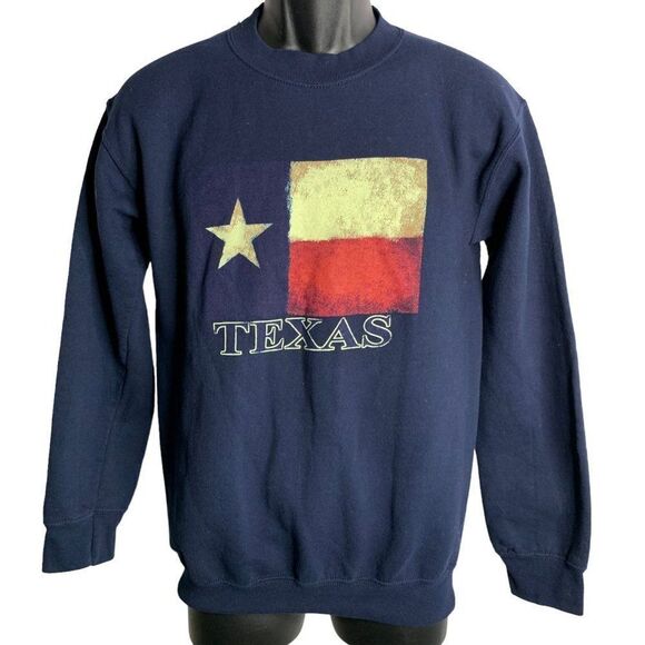 Vintage 90s Texas Crewneck Sweatshirt S Blue Fleece Pullover Flag Heavy Weight - Picture 1 of 6